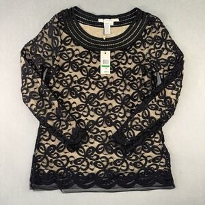 Women's Max Studio Black Lace Overlay Nude Lining Long Sleeve Blouse Top Size L